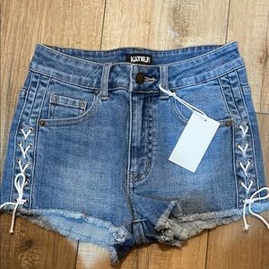 Katie J NYC Blue Denim Shorts with White Lace Detail